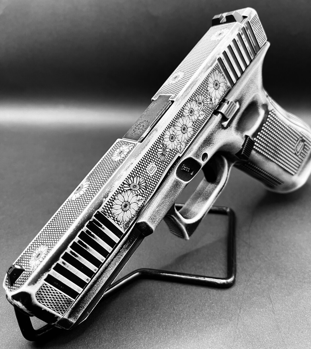 Glock 17 custom sunflower laser engraving battleworn cerakote foley